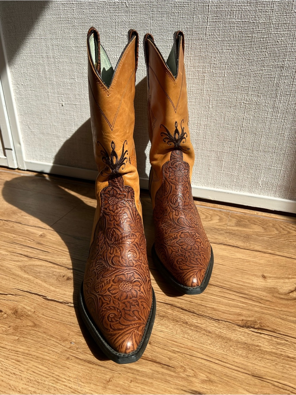 Ariat Tan and Brown Embroidered Leather Western Heeled Boots